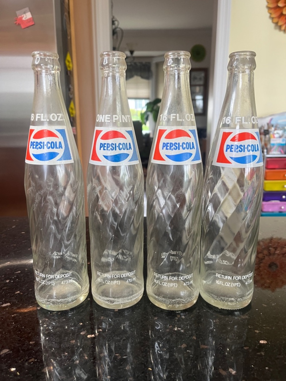 Set of 4 Vintage 1970s Pepsi-Cola Clear Swirl Glass Bottles with 2 sided logo
